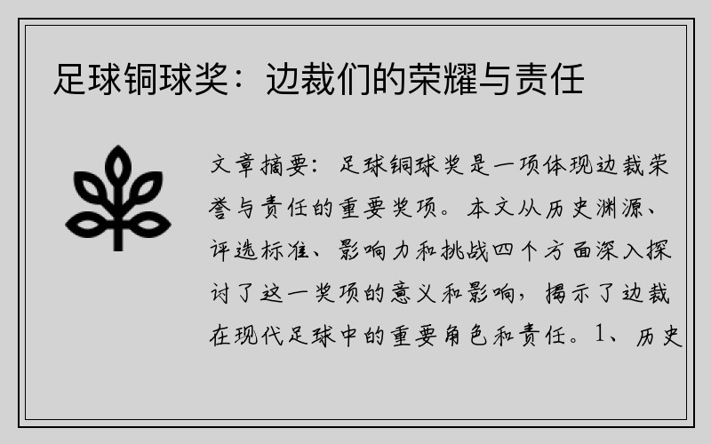 足球铜球奖：边裁们的荣耀与责任